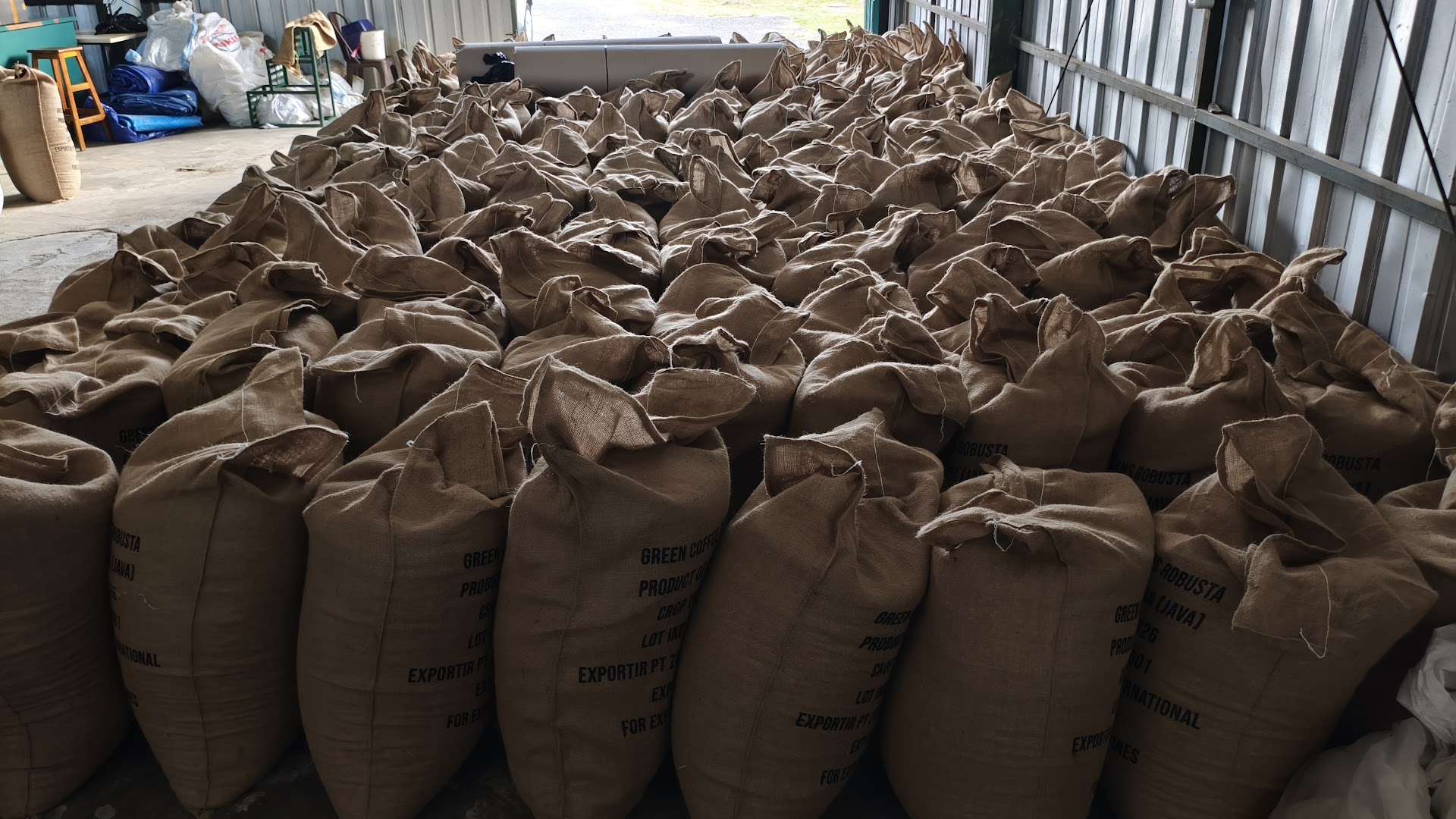 Jaad Food warehouse with green coffee bean sacks