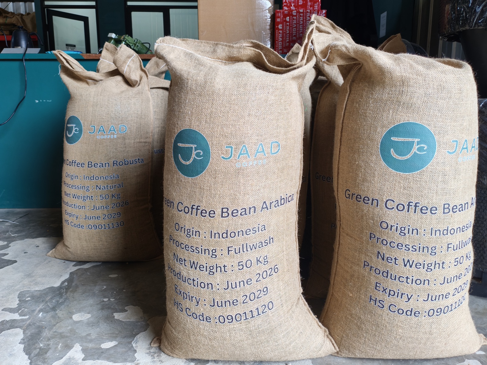 JAAD-branded green coffee bags prepared for export